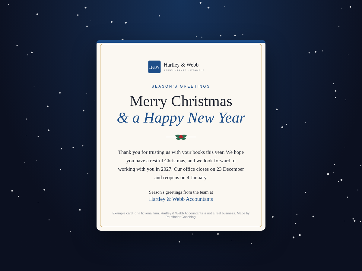 Example Christmas e-card for the fictional firm Hartley & Webb Accountants